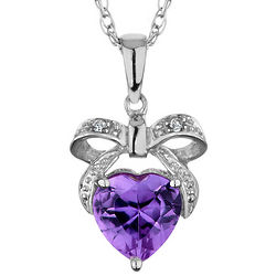 Amethyst Bow and Heart Pendant with Diamonds in Sterling Silver