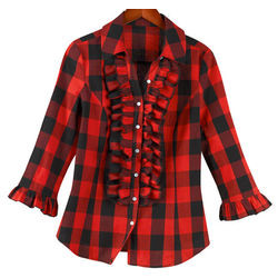 Poet's Ruffle Front Red Check Shirt
