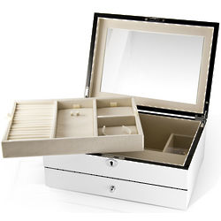 Sleek and Spacious Pearl White Lacquer Music Jewelry Box