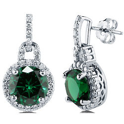 Round Simulated Emerald Silver Halo Dangle Earrings