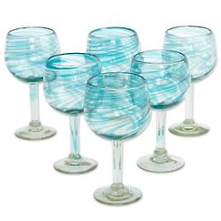 6 Elegant Aqua Swirl Blown Wine Glasses