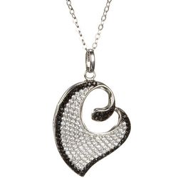 Curled Black and White CZ Heart Necklace in Sterling Silver