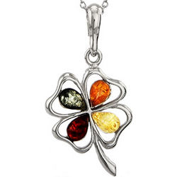 Sterling Silver Multicolor Clover Baltic Amber Necklace