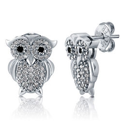 Owl Stud Earrings with Cublic Zirconia in Sterling Silver