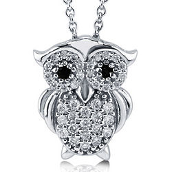 Owl Pendant Necklace with Cubic Zirconia in Sterling Silver