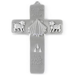 Pewter Baptismal Cross for Boy with Blue Crystals