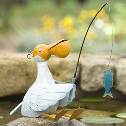 Small Handcrafted Metal Fishing Pelican Sculpture
