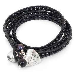 Journey with Love Heart Charm Leather and Onyx Wrap Bracelet