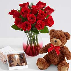 One Dozen Red Roses with Ruby Ombre Vase, Chocolates & Bear