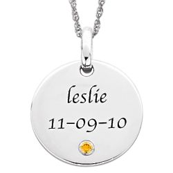 Sterling Silver Name, Date and Birthstone Engraved Disc Necklace