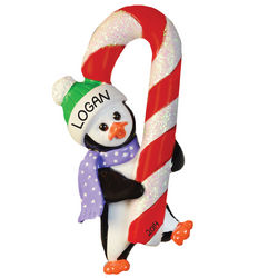 Penguin Hugging Candy Cane Personalized Christmas Ornament