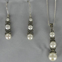 Marcasite and Freshwater Pearl Pendant and Earring Set
