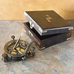 Brass Sundial and Compass with Wood Box