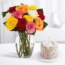 12 Rainbow Roses with Petite Birthday Cake