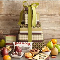 Fruits, Cheeses and Snacks Gift Tower with Personalized Ribbon