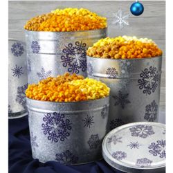 6-1/2 Gallons and 4 Flavors of Popcorn in Silver Snowflake Tin
