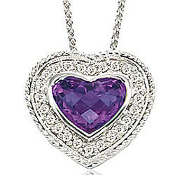 Diamond & Amethyst Heart Solitaire Milgrain Pave Pendant Necklace