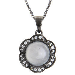 Oxidized Silver and Cubic Zirconia Moonstone Flower Pendant