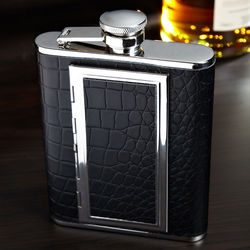 Textured Black Leather Cigarette Flask with Engraved Tag