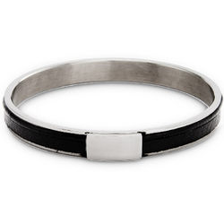 Mini ID Plate Stainless Steel Slim Black Leather Bracelet