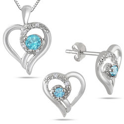 Blue Topaz and Diamond Heart Jewelry Ensemble in Sterling Silver