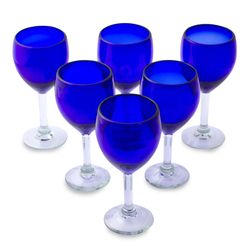 6 Blue Envy Blown Glass Wine Glasses