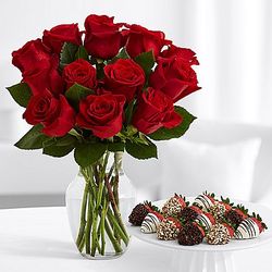 12 Red Roses Bouquet with 12 Fancy Dipped Strawberries