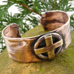 Celtic Sun Cross Rustic Copper Cuff Unisex Bracelet