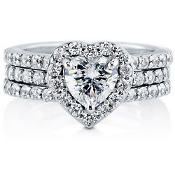 Heart Cut Cubic Zirconia Sterling Silver Halo Bridal Ring Set