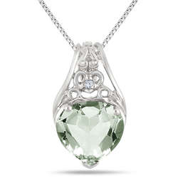 Heart Green Amethyst and Diamond Engraved Pendant