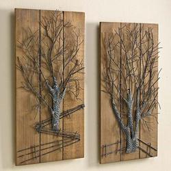 2 Metal Trees on Wooden Wall Art