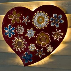 Lighted Floral Love Recycled Oil Drum Lid Wall Art
