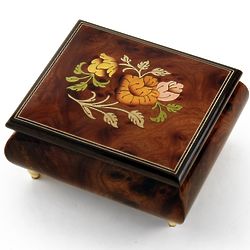 Natural Wood Tone Traditional Floral Inlay Music Jewelry Box