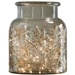 9.5" Mouth Blown Glass Container with Hand-Etched Leaf Design