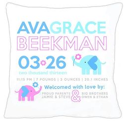 Personalized Birth Announcement Elephant Pillow in Pink