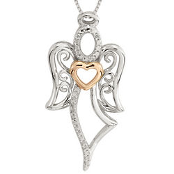 Angel Pendant with Rose Gold Heart and Diamonds in Silver