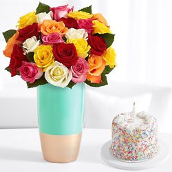 24 Rainbow Roses with Petite Birthday Cake
