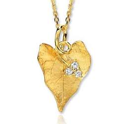 14K Yellow Gold Diamond Leaf Shaped Heart Necklace