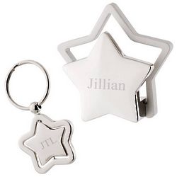 Personalized Silver Star Business Card Holder and Keychain Set