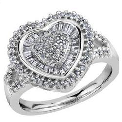 Sterling Silver Round & Tapered Baguette Diamond Heart Ring