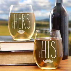 Engraved His and Hers Stemless Wine Glasses Set
