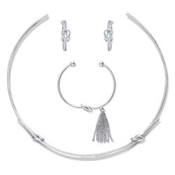 Silver-Tone CZ Fringe Love Knot Choker, Earrings and Bracelet