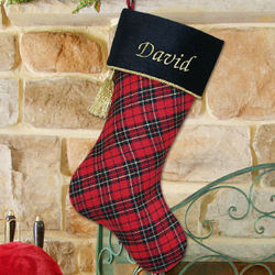 Embroidered Black and Red Plaid Christmas Stocking