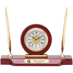 Corporate Logo Personalized Plaque Double Pen Stand with Clock