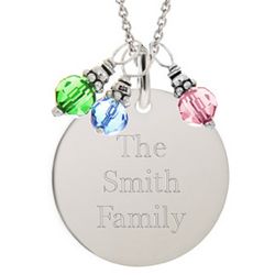 Engraved Round Tag Pendant with Dangling Birthstones