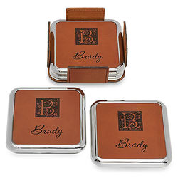 Monogrammed Rawhide and Silver Square Coaster Set