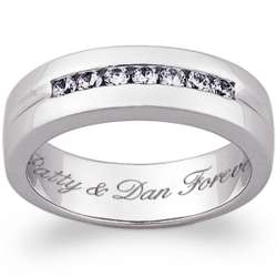Men's Sterling Silver Engraved CZ Wedding Band