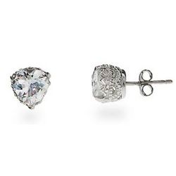 Sterling Silver Crown Set Heart Shaped CZ Stud Earrings