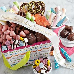 Birthday Treats in a Gift Basket with Personalized Ribbon