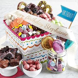 Deluxe Birthday Treats in a Gift Basket with Personalized Ribbon